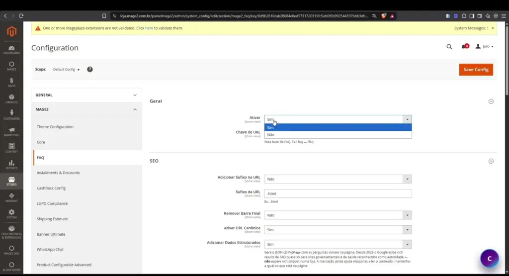 Configuração do FAQ com URL canônica e dados estruturados JSON-LD