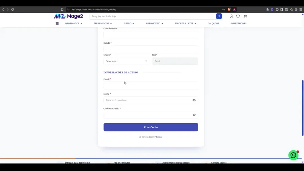 Etapa final do cadastro de cliente Magento 2 com e-mail, senha e botão Criar Conta