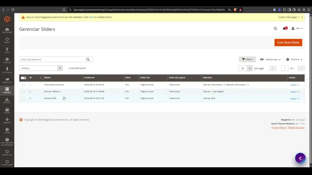 Tela Gerenciar Sliders do Mage2 Banner Ultimate no Magento 2