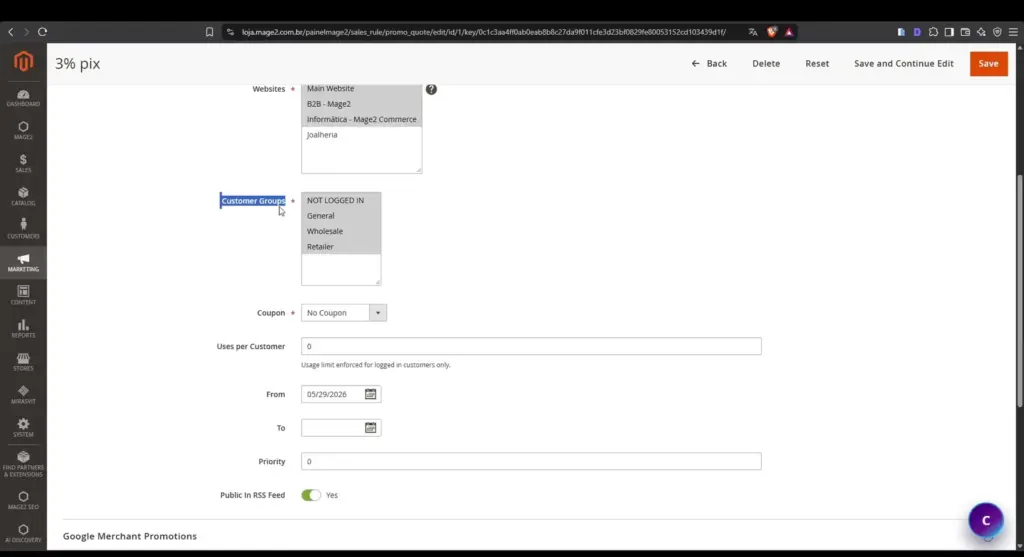 Regra de preço do carrinho para desconto Pix segmentada por websites e grupos de clientes