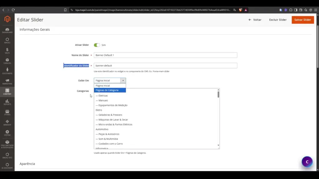Configurações gerais de slider no Mage2 Banner Ultimate para Magento 2