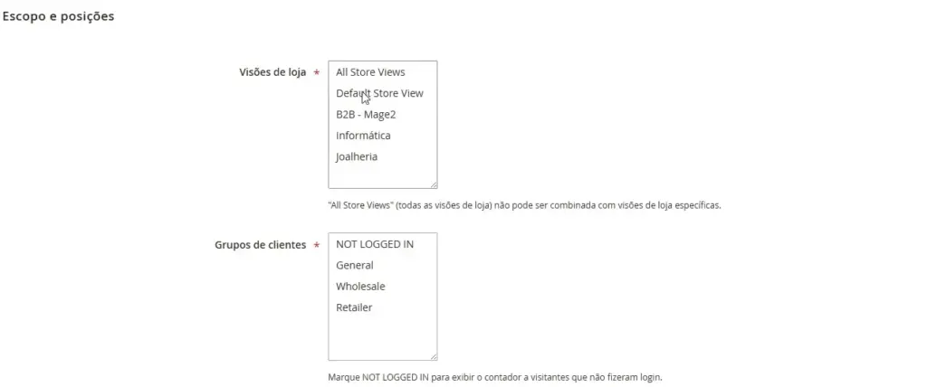 Configuração dos públicos e das visões de loja que poderão visualizar a campanha.