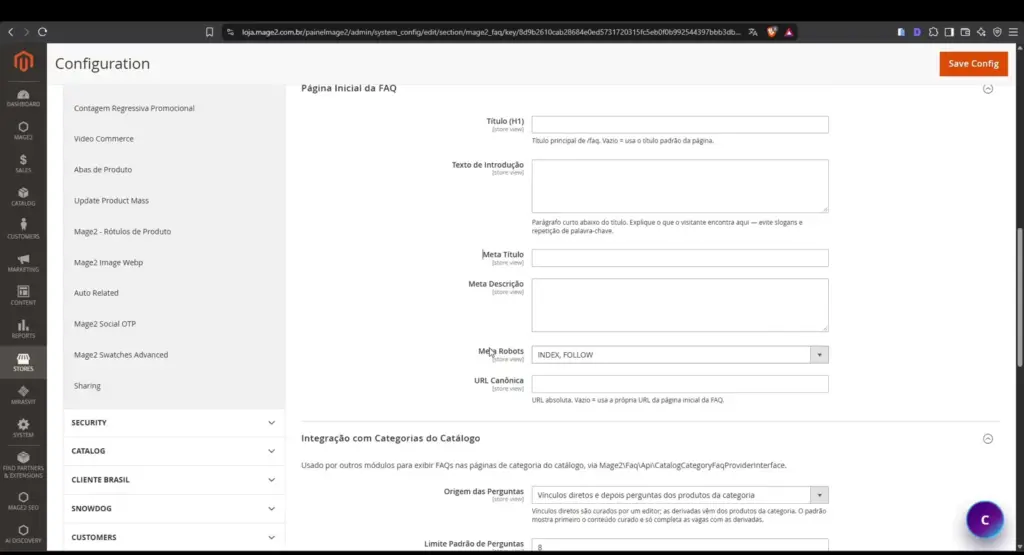 Configurações de SEO da página inicial do FAQ e integração com categorias do catálogo