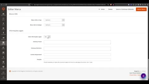 Blocos CMS e informações legais configuráveis na página da marca