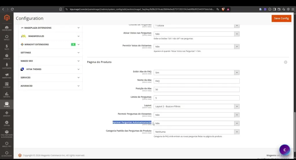 Configuração da aba FAQ em produtos, layout, limite e perguntas de visitantes