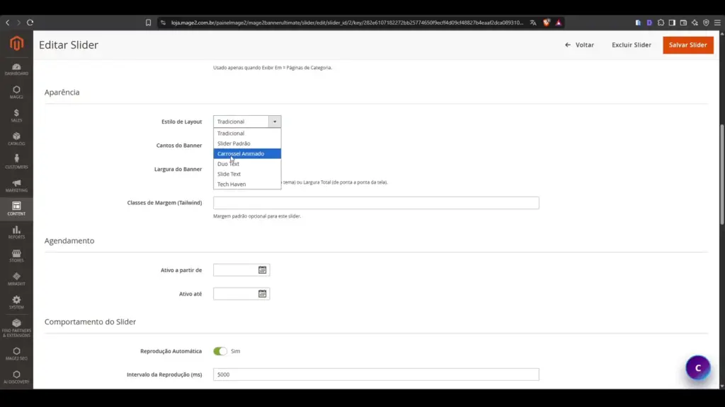 Configuração de layout e largura do slider no Magento 2 com Hyvä Theme