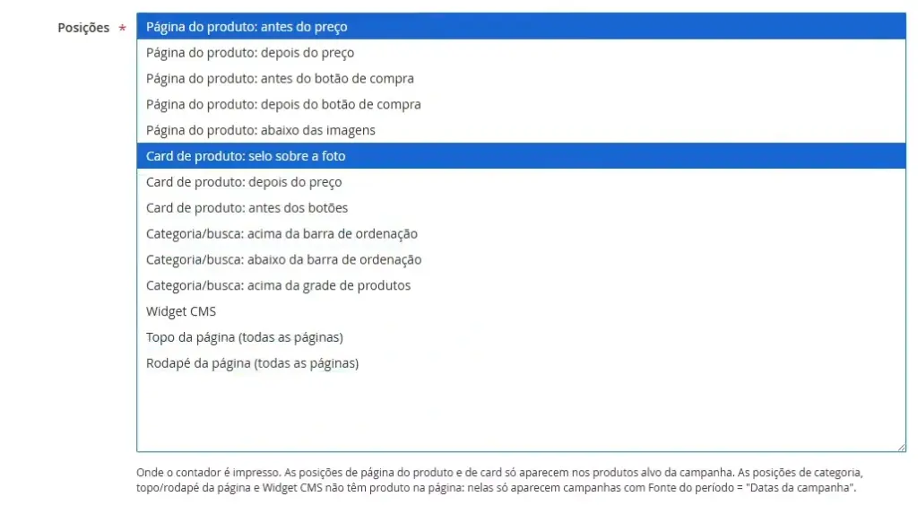 Lista de posições para página de produto, cards, categoria, busca, widget, topo e rodapé.