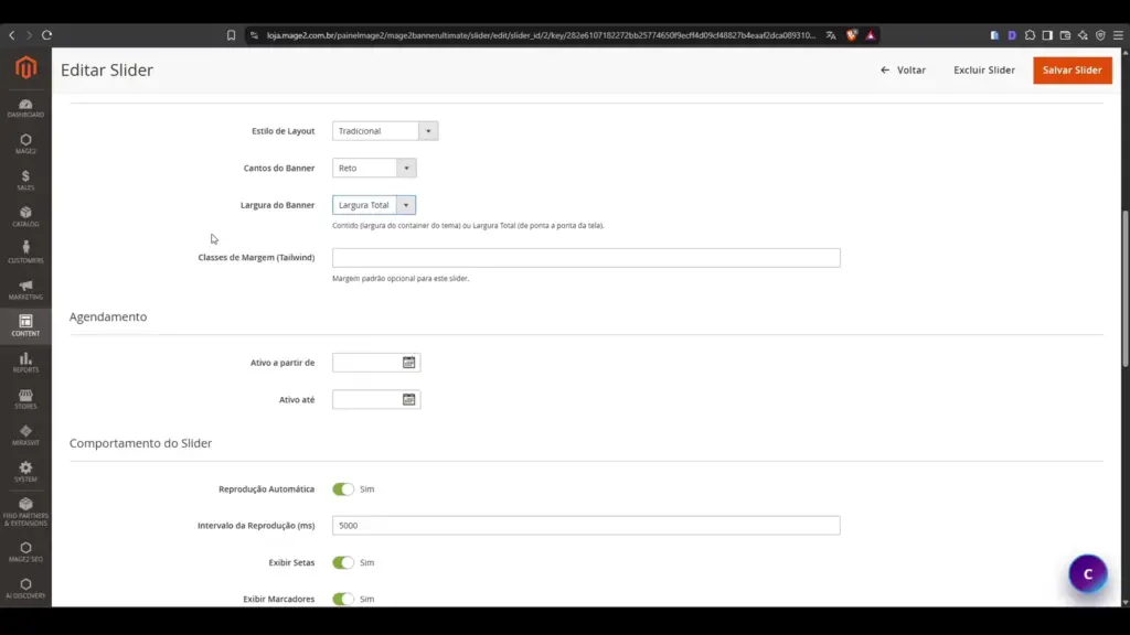 Configuração de autoplay, intervalo, setas e navegação do slider Magento 2