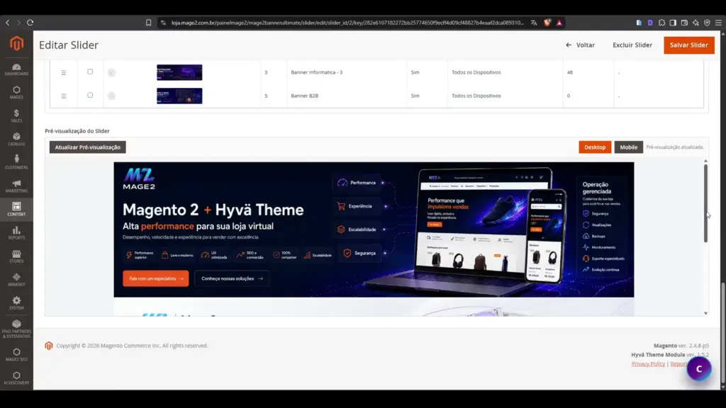 Preview de slider no painel do Mage2 Banner Ultimate