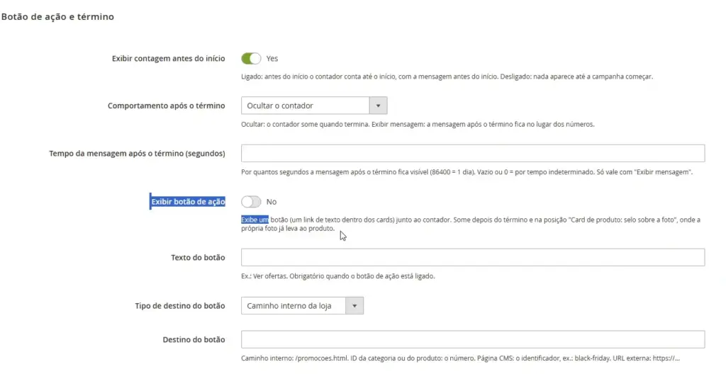 Configurações de pré-contagem, comportamento após o prazo, duração da mensagem e destino do botão.