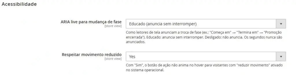 Controles de anúncio da mudança de fase para leitores de tela e respeito à preferência por movimento reduzido.