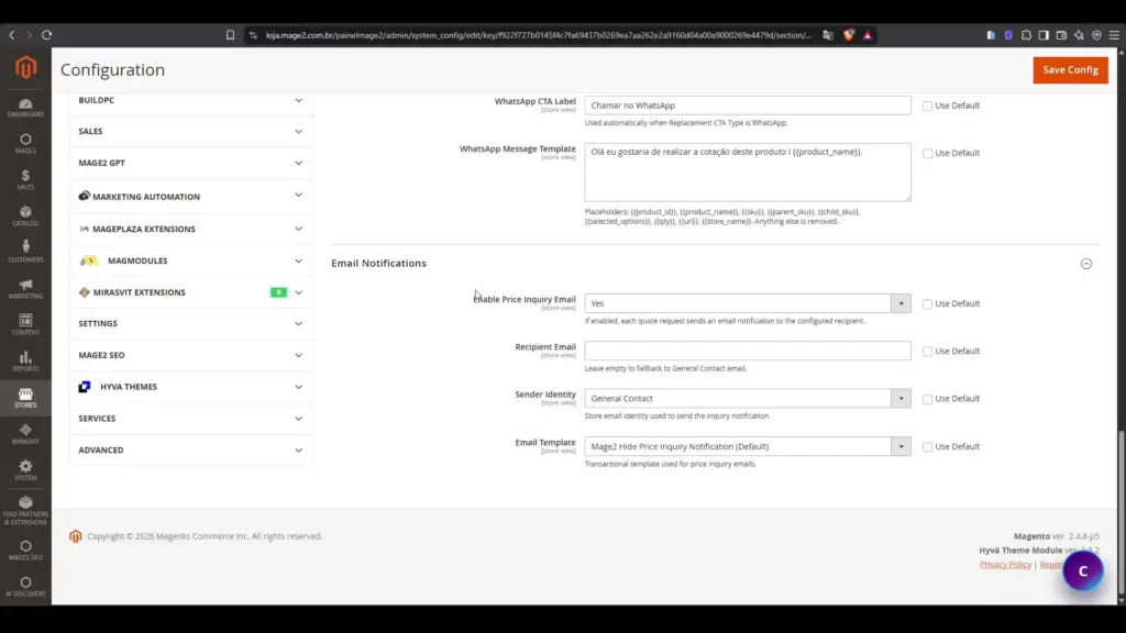 Configuração de notificações por e-mail para consultas de preço.