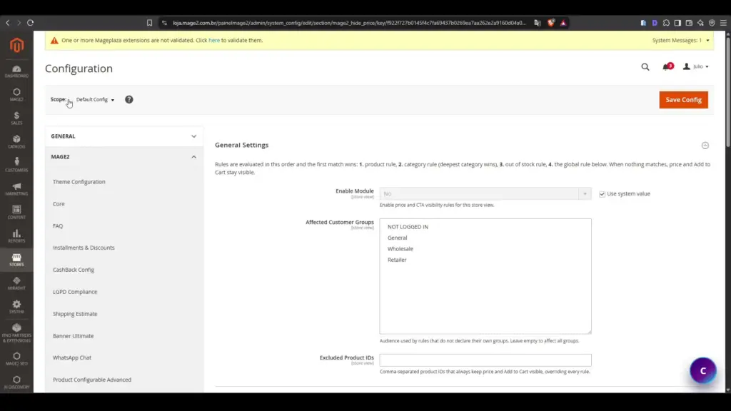 Configuração geral do HidePrice com definição de grupos de clientes afetados.