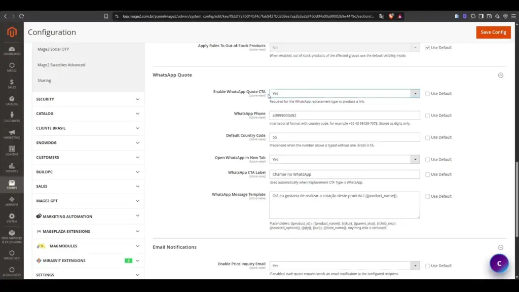 Configuração do CTA de WhatsApp para operações B2B no Magento 2.