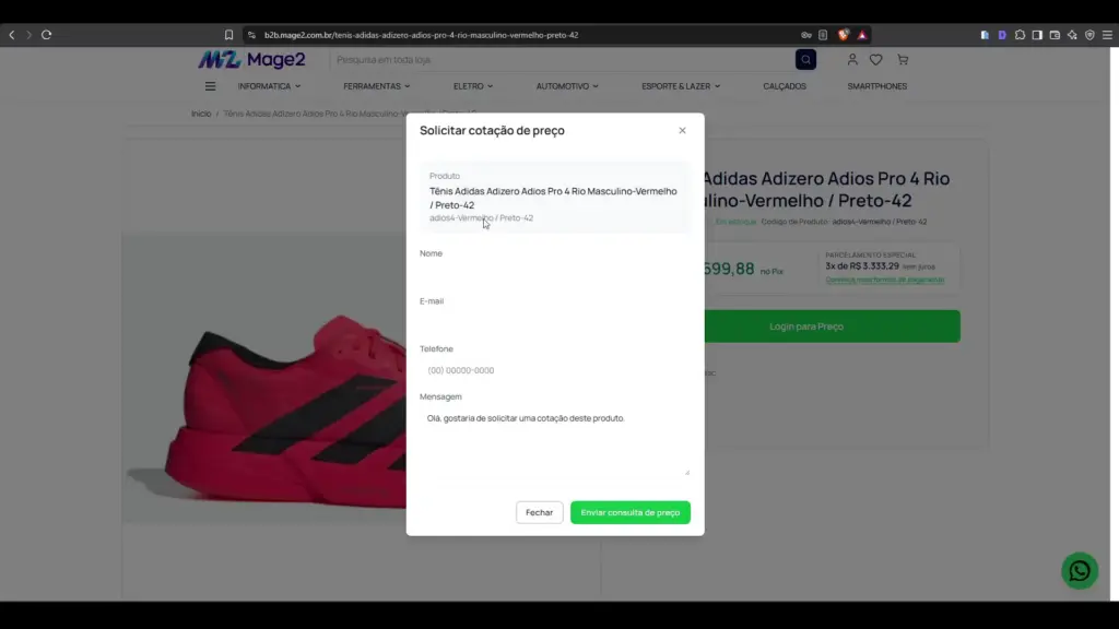 Formulário de solicitação de cotação de preço na página de produto.