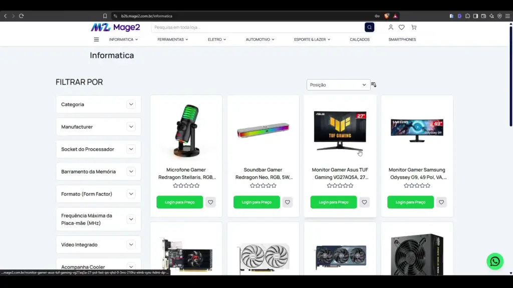Listagem de categoria B2B com preço oculto e botão “Login para Preço”.