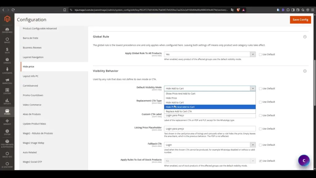 Modos de visibilidade disponíveis no HidePrice: ocultar preço, ocultar botão e substituir CTA.