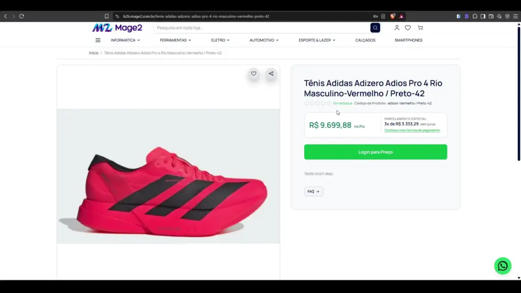 Exemplo de página de produto com preço exibido e CTA complementar no Magento 2.