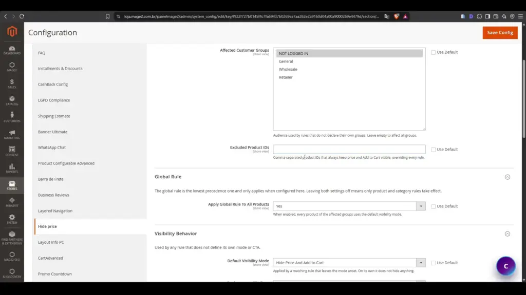 Regra global de visibilidade do HidePrice no painel do Magento 2.