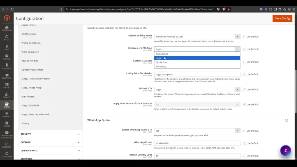 Configuração de tipos de CTA: login, formulário de cotação e WhatsApp.