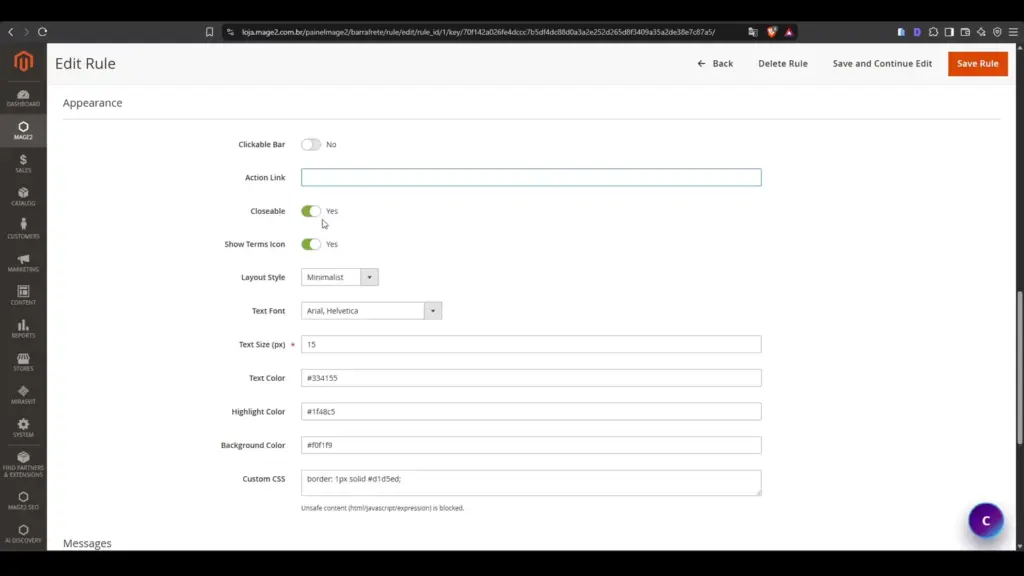 Personalizacao visual da Barra de Frete Magento 2 Hyva com cores, fontes e estilos