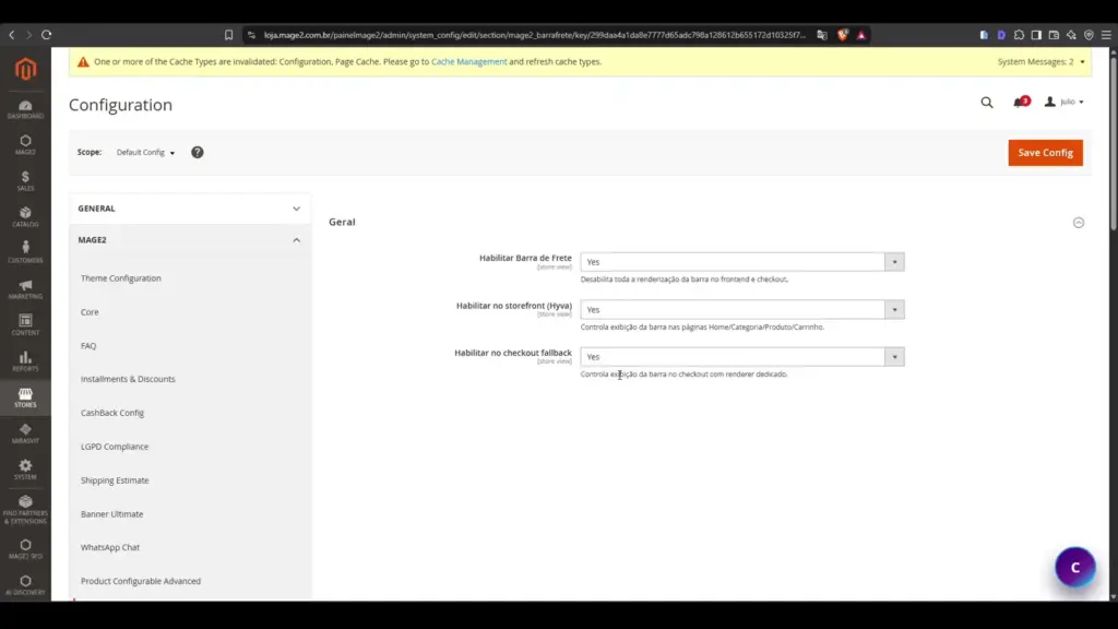 Configuracao geral da Barra de Frete para Magento 2 e Hyva no painel administrativo