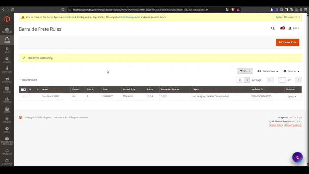 Gerenciamento de regras da Barra de Frete no Admin do Magento 2