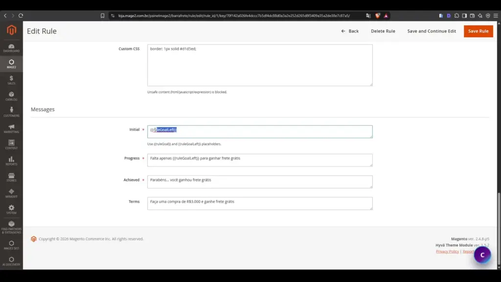 Mensagens configuraveis da Barra de Frete no Magento 2 para progresso e meta atingida