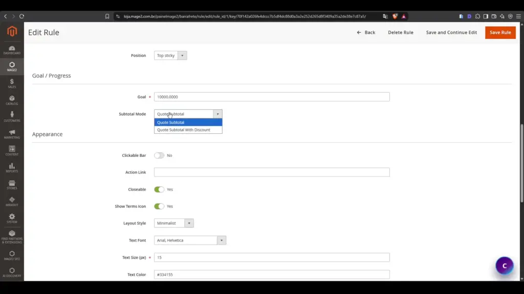 Configuracao da meta e progresso da Barra de Frete Magento 2