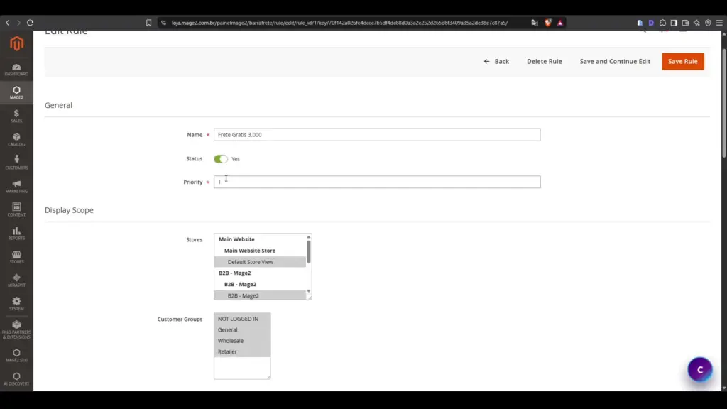 Regra de Barra de Frete Magento 2 por store view e grupos de clientes