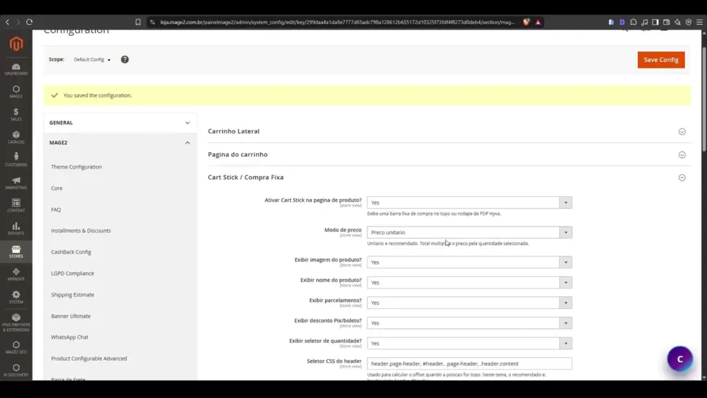 Configuração de cart sticky para Magento 2 Hyvä no painel administrativo