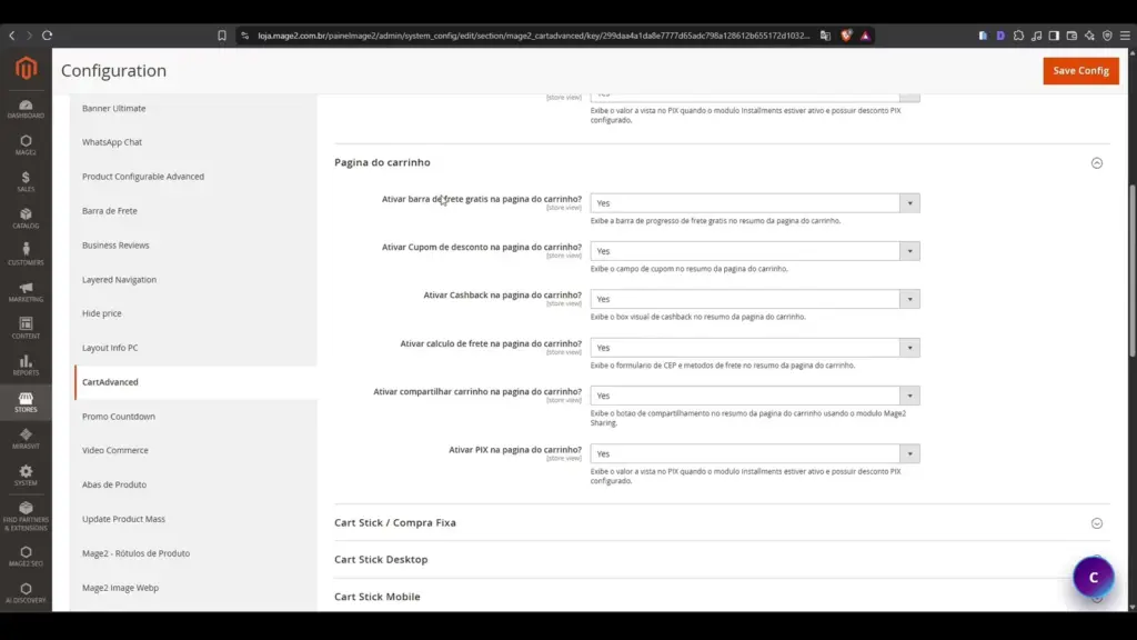 Configuração administrativa do Mage2 CartAdvanced para Magento 2