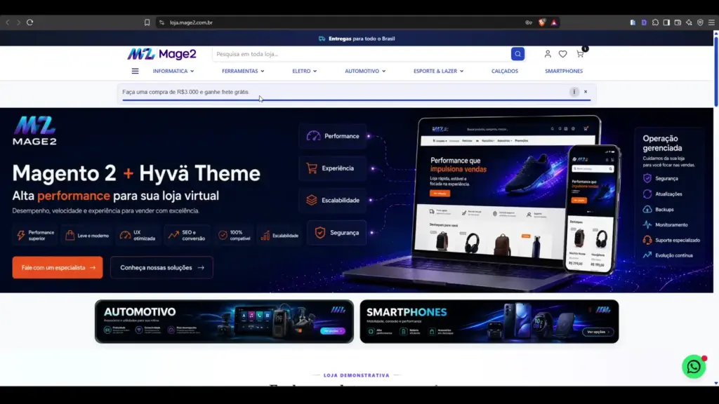 Barra de frete gratis para Magento 2 com Hyva Theme na loja Mage2 Commerce