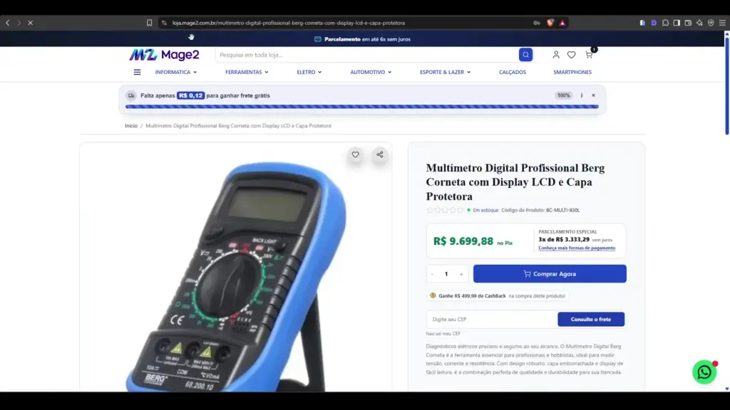 Progresso dinamico de frete gratis no Magento 2 Hyva mostrando quanto falta para atingir a meta