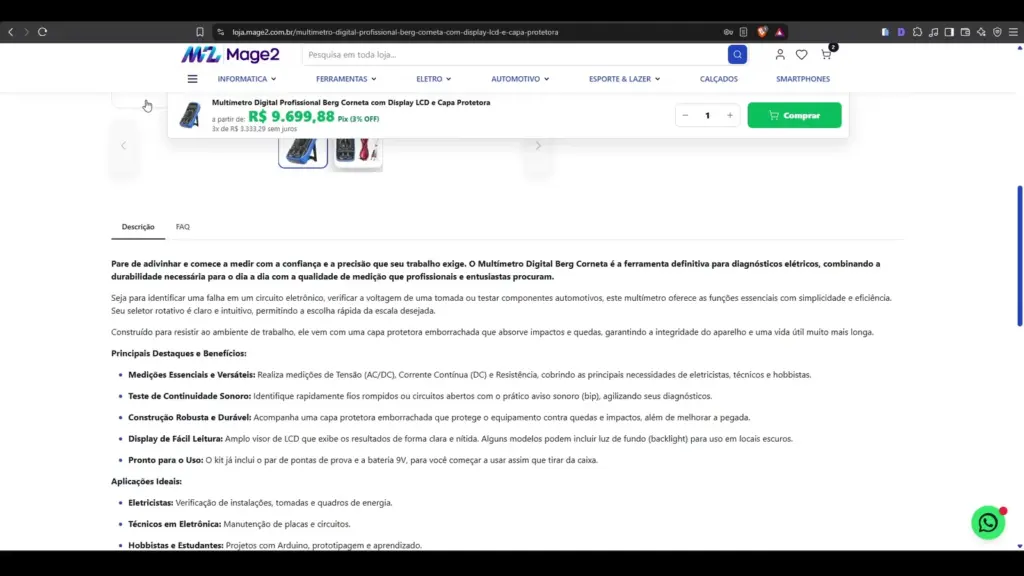 Barra de compra fixa no desktop para Magento 2 Hyvä com produto preço quantidade e botão comprar
