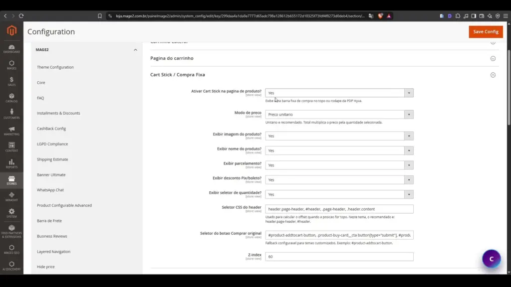 Configurações do CartAdvanced no admin do Magento 2 para compra fixa e minicart