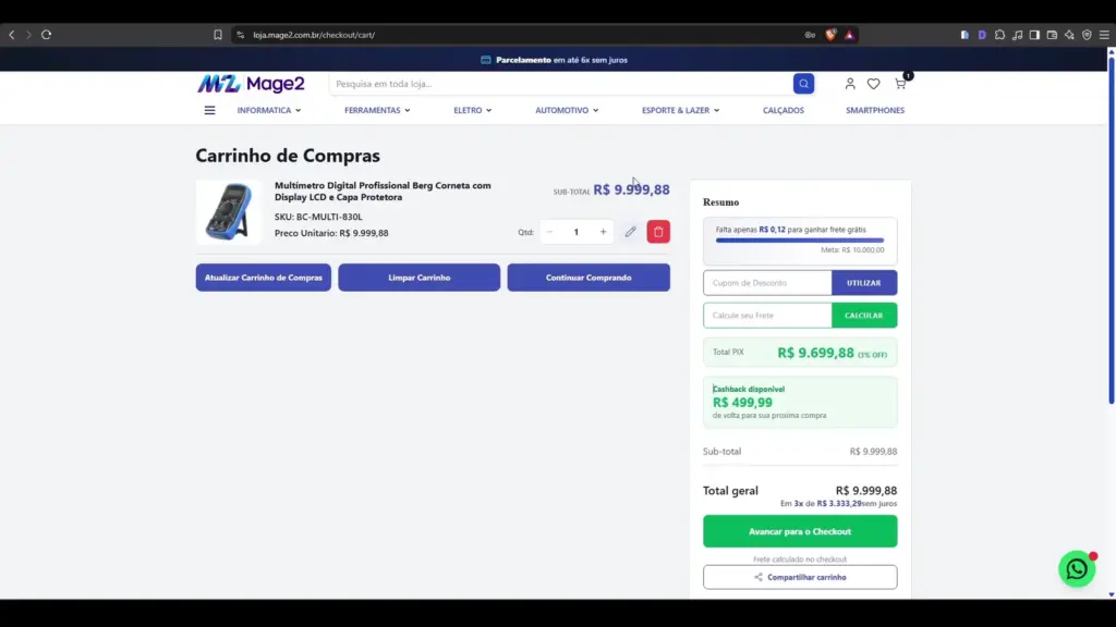 Página de carrinho Magento 2 com Hyvä Theme e recursos CartAdvanced