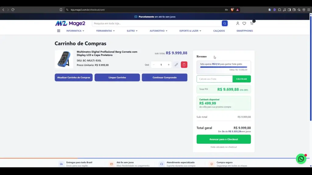Resumo avançado de carrinho Magento 2 Hyvä com cupom frete cashback subtotal e total geral
