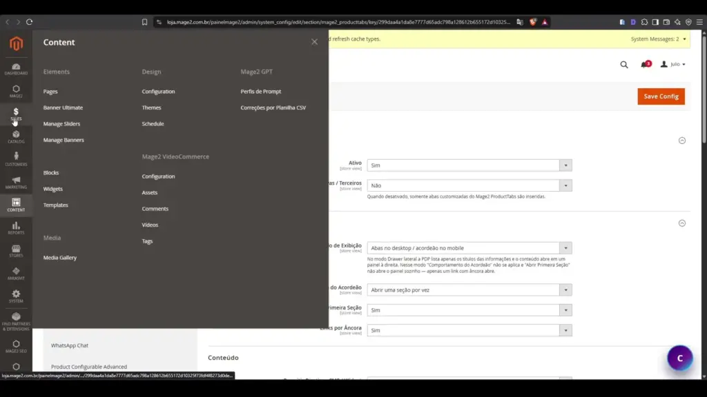 Configuracao do ProductTabs no painel administrativo do Magento 2