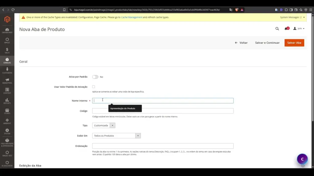 Criacao de nova aba de produto no Magento 2 ProductTabs
