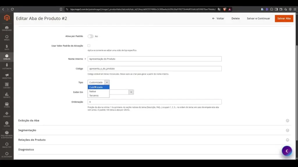Edicao de aba personalizada no Mage2 ProductTabs para Magento 2