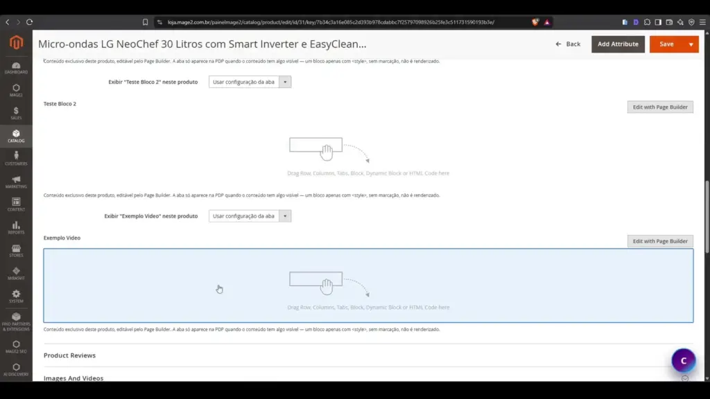 Conteudo de ProductTabs editado com Magento Page Builder na pagina de produto